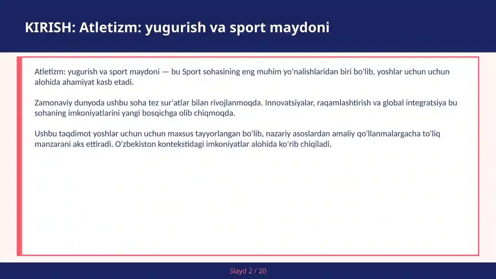 ATLETIZM: YUGURISH VA SPORT MAYDONI 2