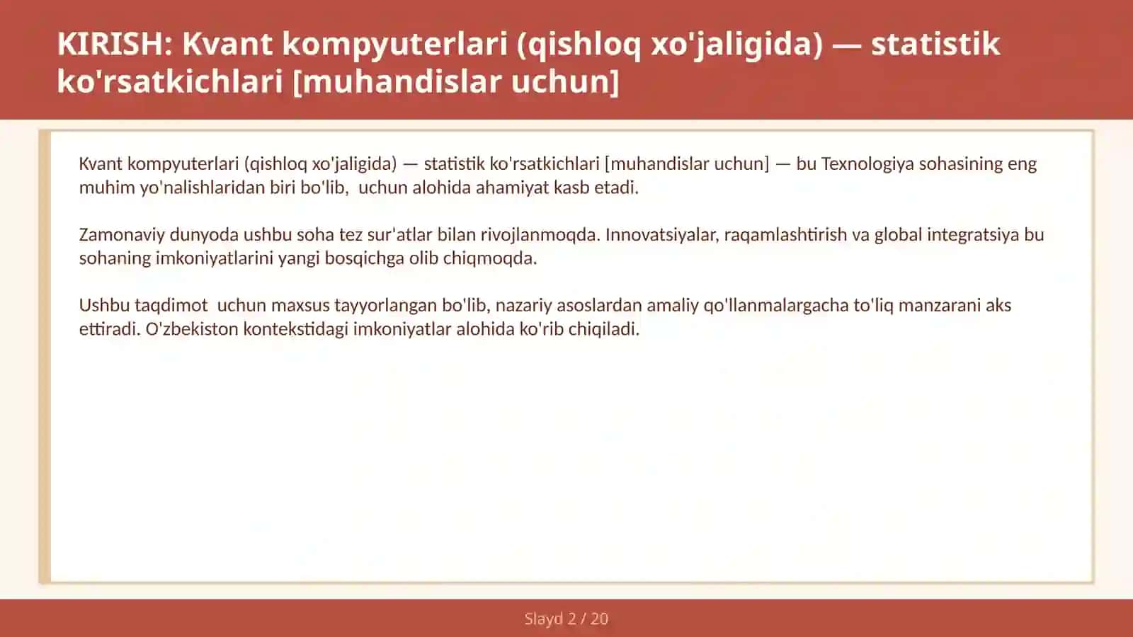 KVANT KOMPYUTERLARI (QISHLOQ XO'JALIGIDA) — STATISTIK KO'RSATKICHLARI [MUHANDISLAR UCHUN] 2