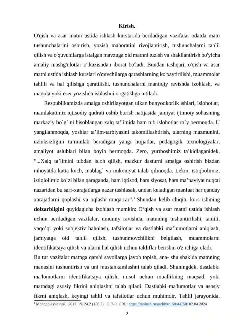 O‘qish va asar matni ustida ishlash uchun beriladigan vazifalar 2