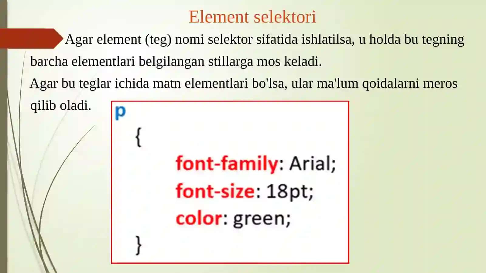 Element va fon rangi. Shrift. Matn va o`tish effektlari 2