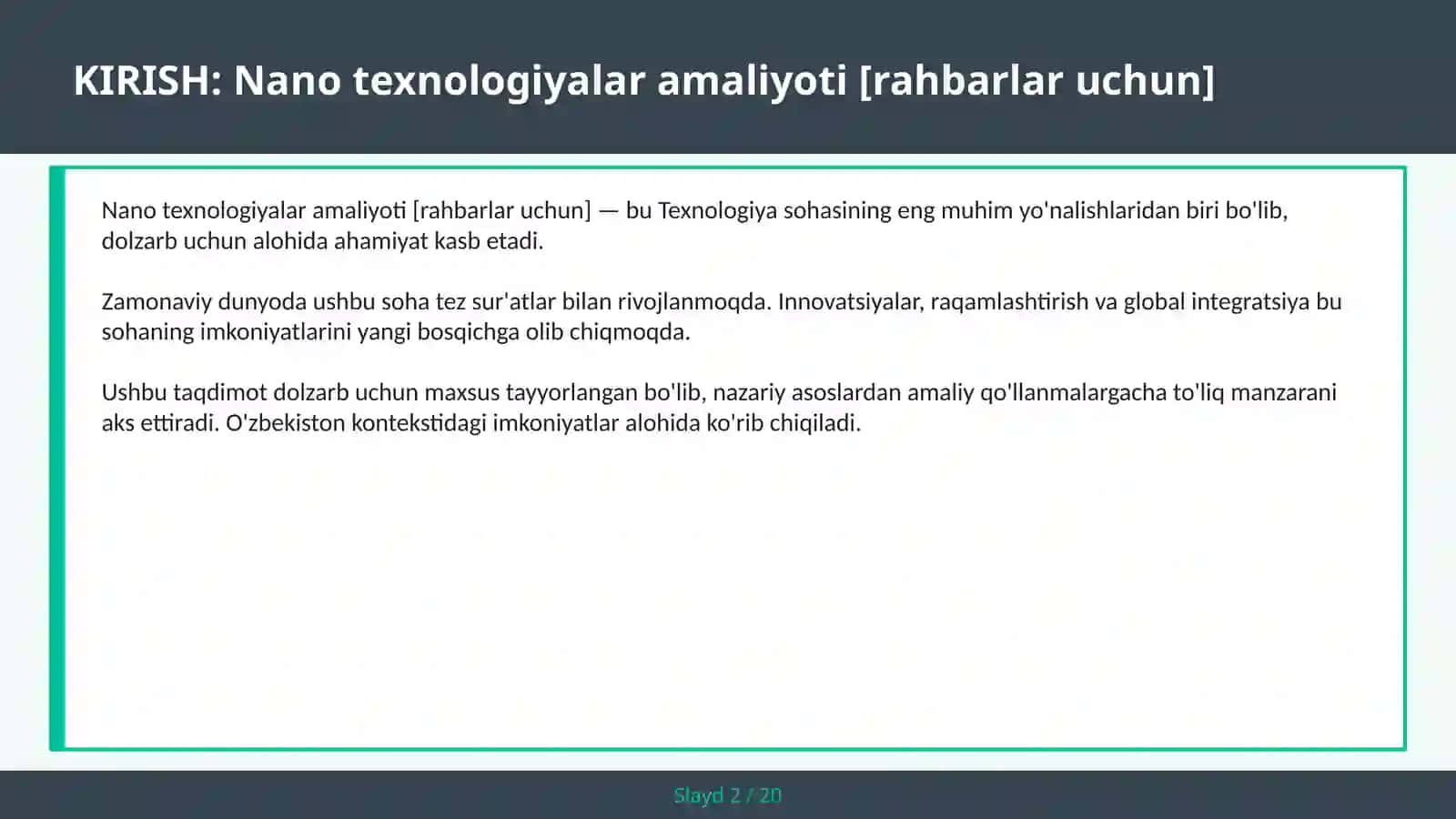 Nano texnologiyalar amaliyoti [rahbarlar uchun] 2