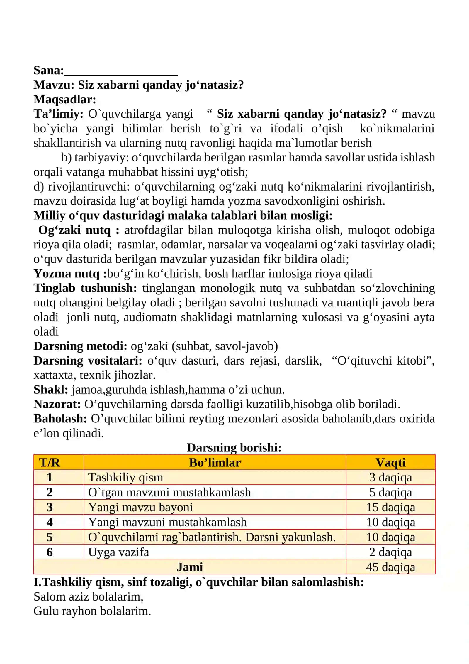 Siz xabarni qanday jo‘natasiz? 1-sinf o'qish savodxonligi dars ishlanmasi 2