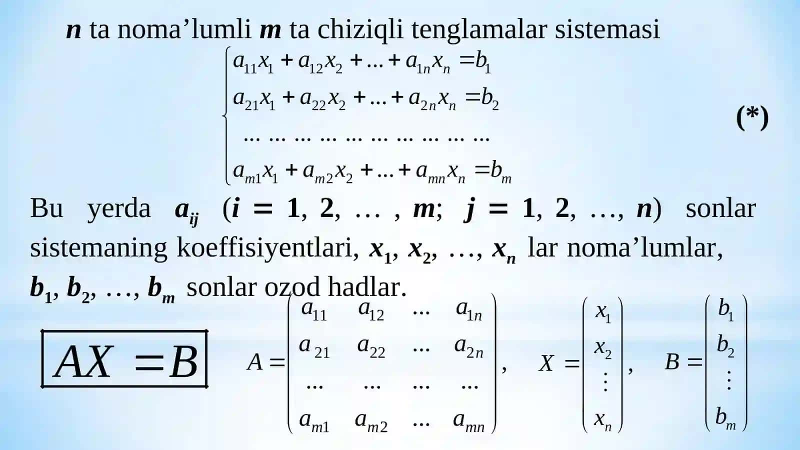 BIR JINSLI CHIZIQLI ALGEBRAIK TENGLAMALAR SISTEMASI. FUNDAMENTAL YECHIMLAR SISTEMASI 2