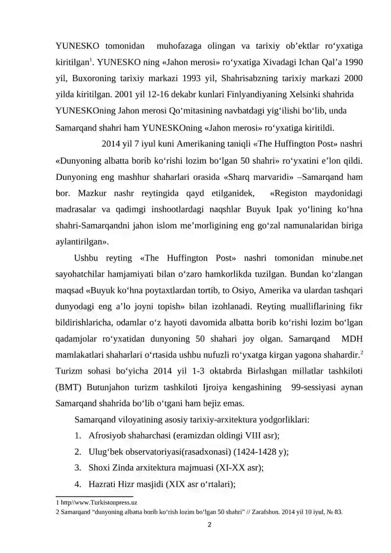 Samarqand viloyatining tarixiy-arxitektura yodgorliklari ekskursiya ob’ektlari 2