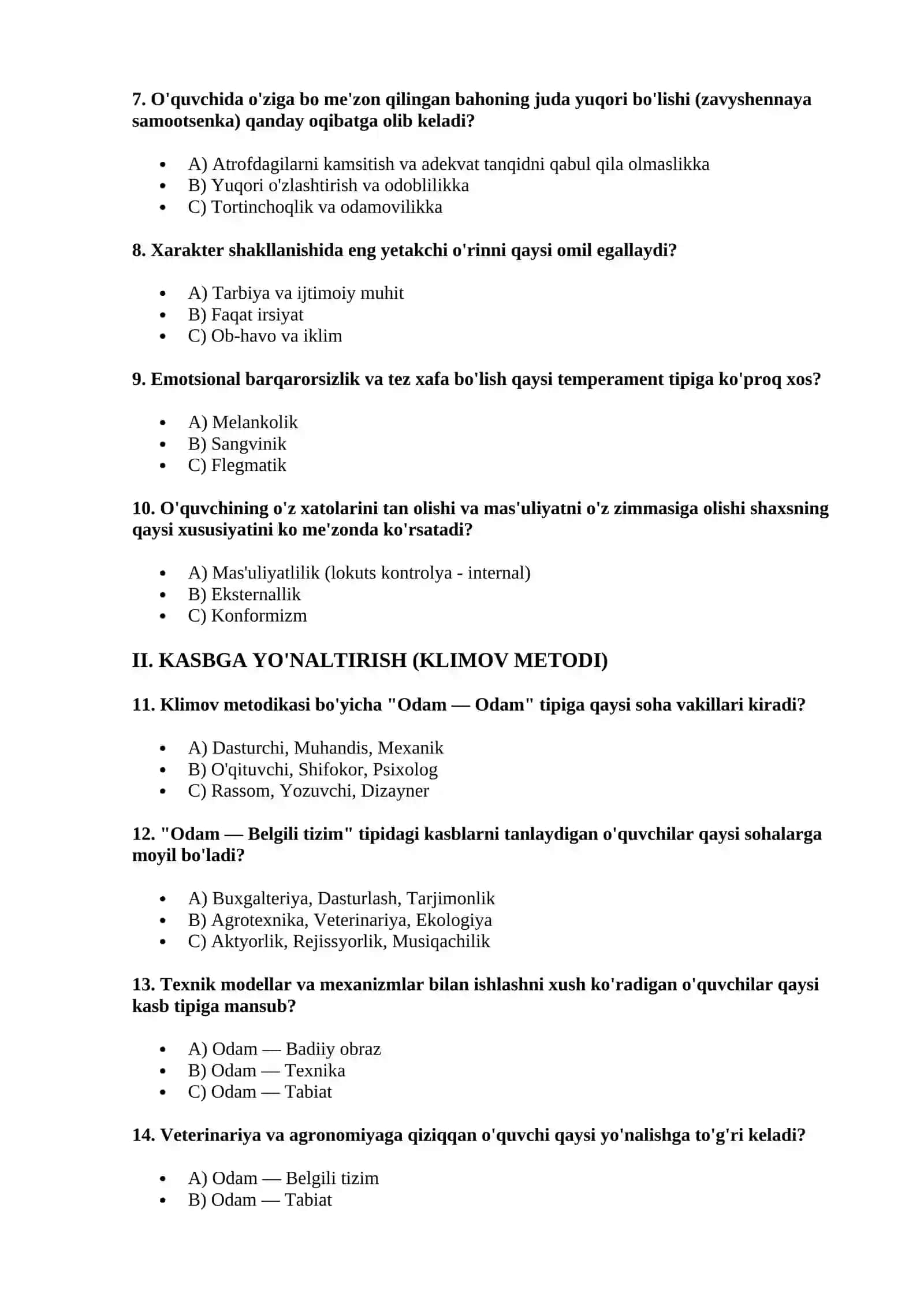 Maktab psixologi va maslahatchilari uchun 100 ta saralangan testlar to'plami (A, B, C variantlari va kalitlari bilan) 2