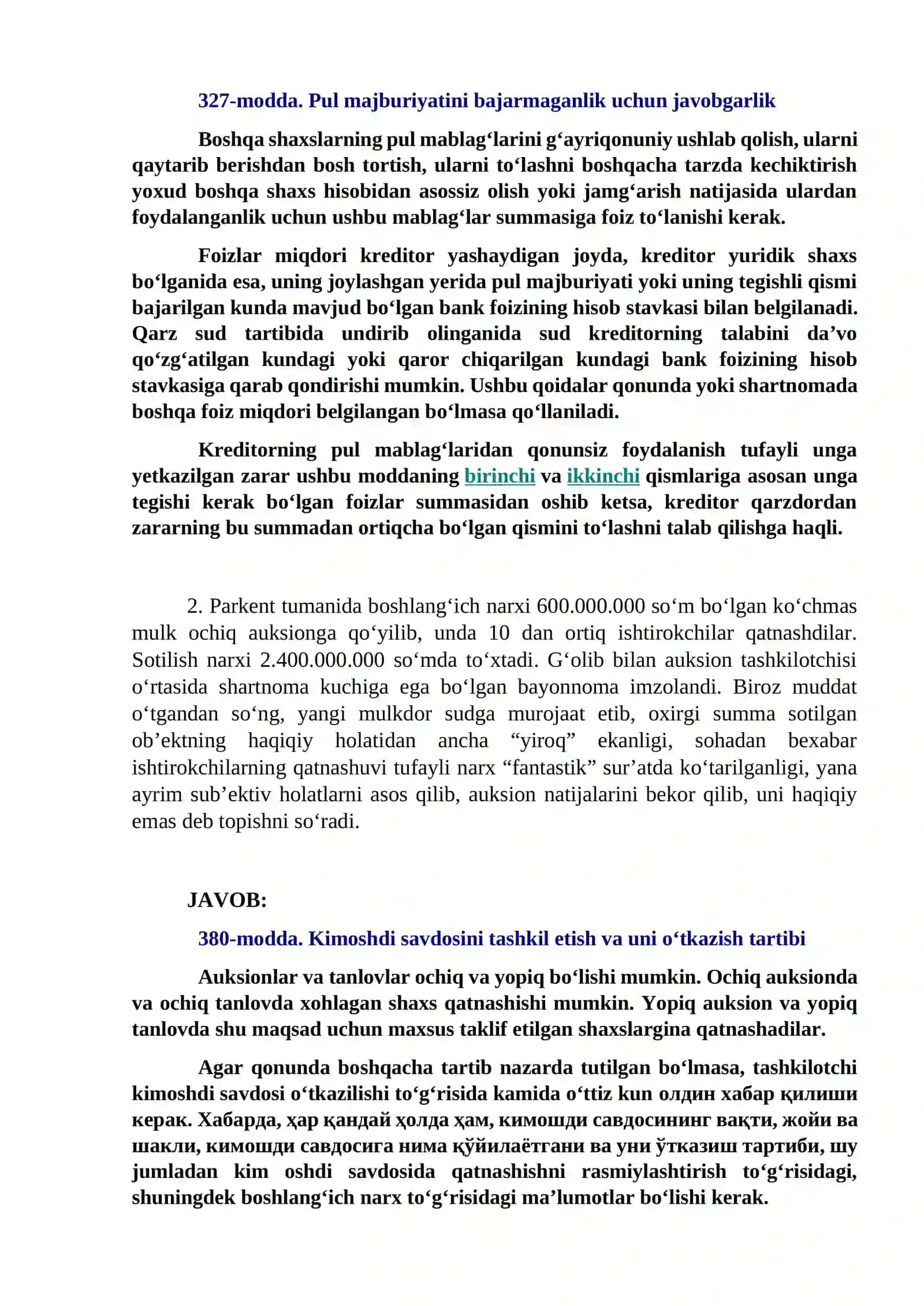 MAJBURIYAT HUQUQI KAZUSLAR JAVOBI 2026 YIL 2