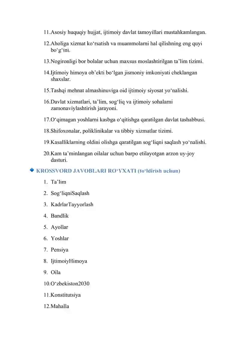KROSSVORD – “Ijtimoiy sohadagi islohotlar” 2
