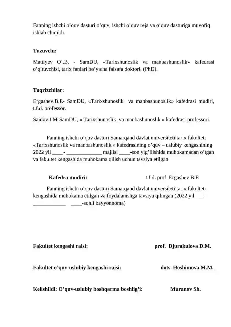 "Tarix falsafasi va metodologiyasi" fanining ISHCHI O’QUV DASTURI 2