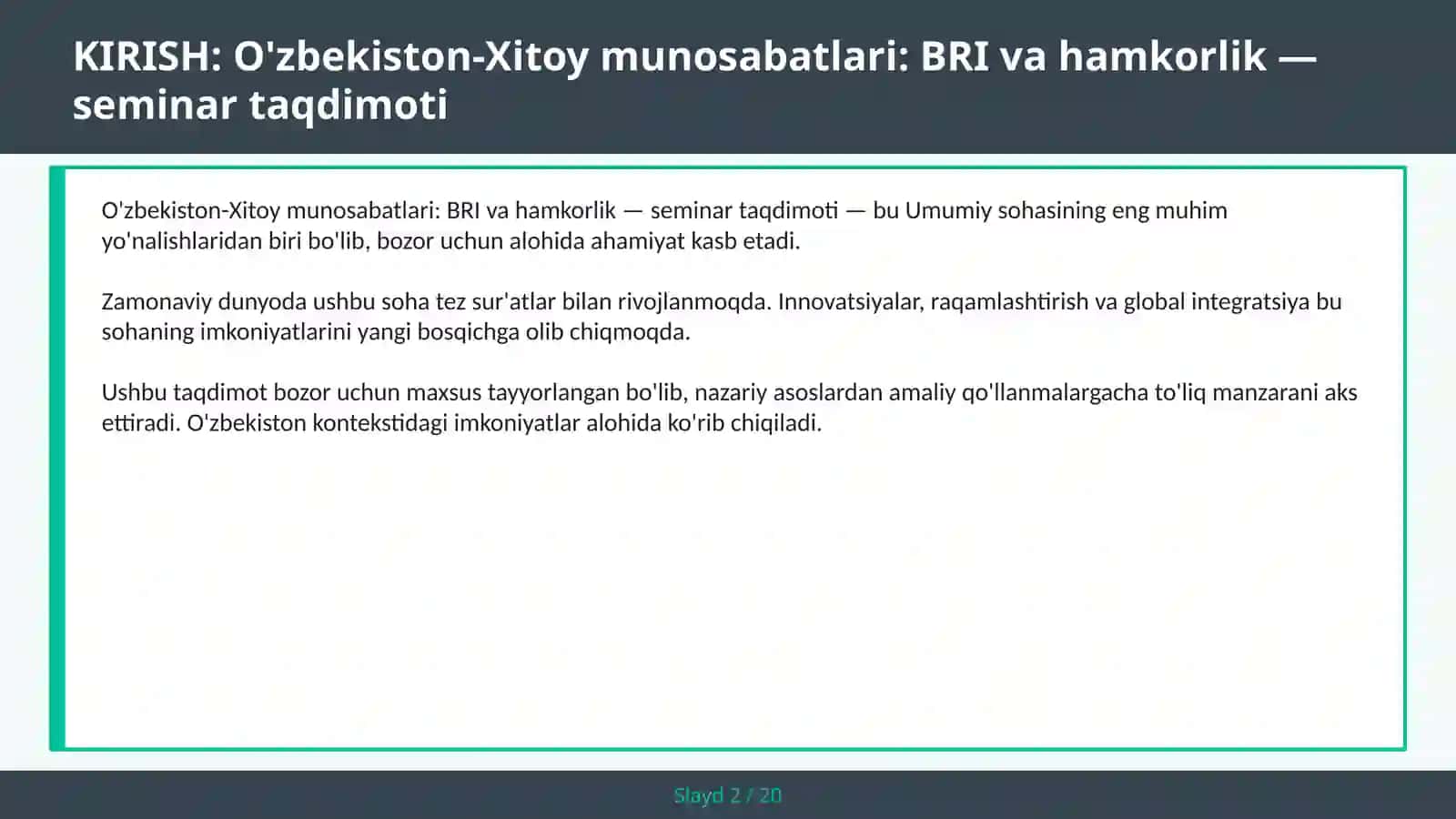 O'zbekiston-Xitoy munosabatlari: BRI va hamkorlik — seminar taqdimoti 2