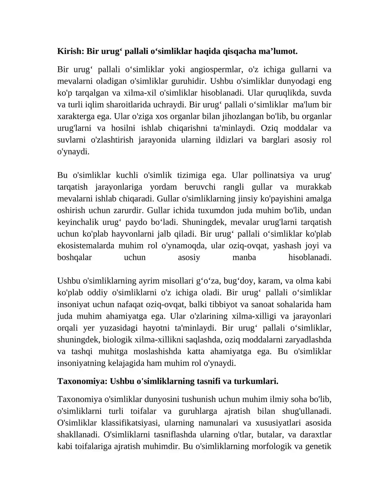 Bir urugʻ pallali oʻsimliklar sinfining umumiy harakterikasi 2