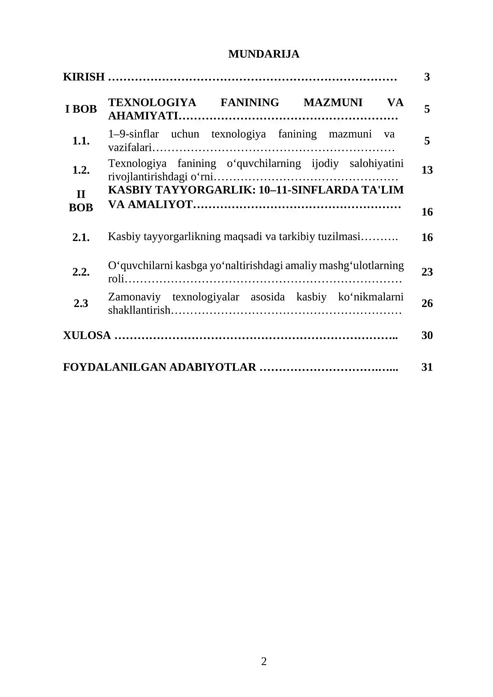 "1-9 SINFLARDA TEXNOLOGIYA FANI MAZMUNI VA 10-11 SINFLARDA KASBIY TAYYORGARLIK" MAZMUNI VA KASBIY TAYYORGARLIK 2