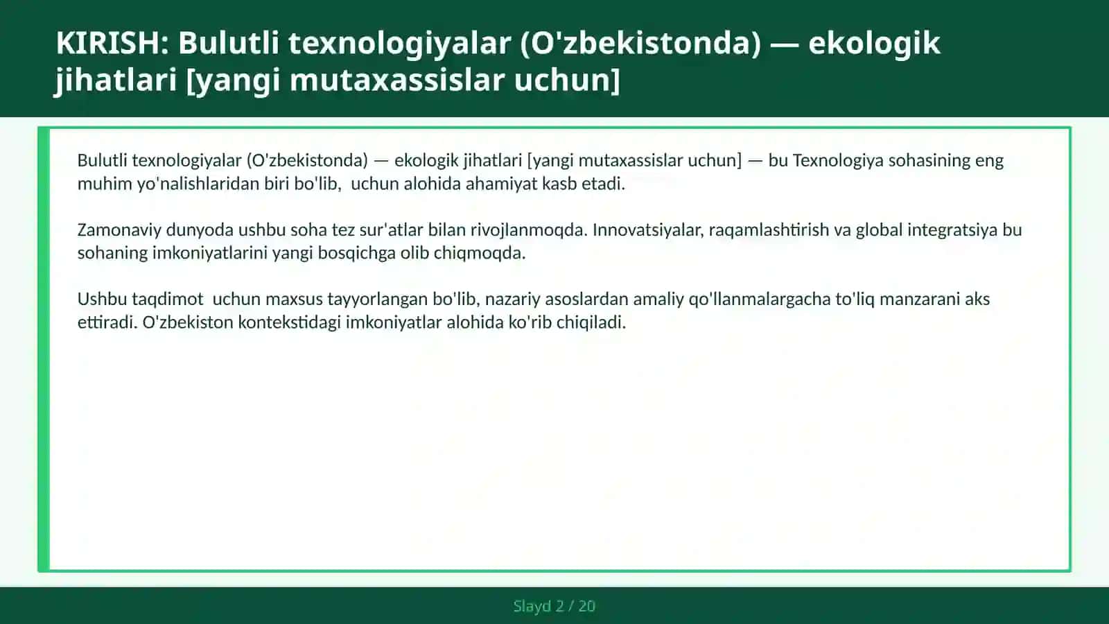 Bulutli texnologiyalar (O'zbekistonda) — ekologik jihatlari [yangi mutaxassilar uchun] 2