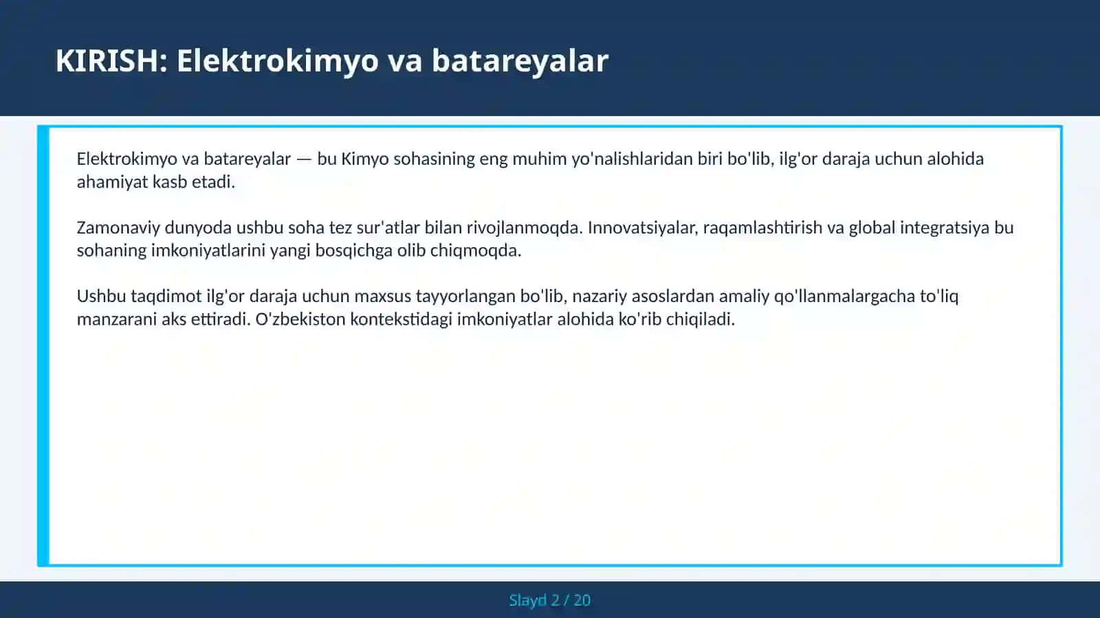 Elektrokimyo va batareyalar 2