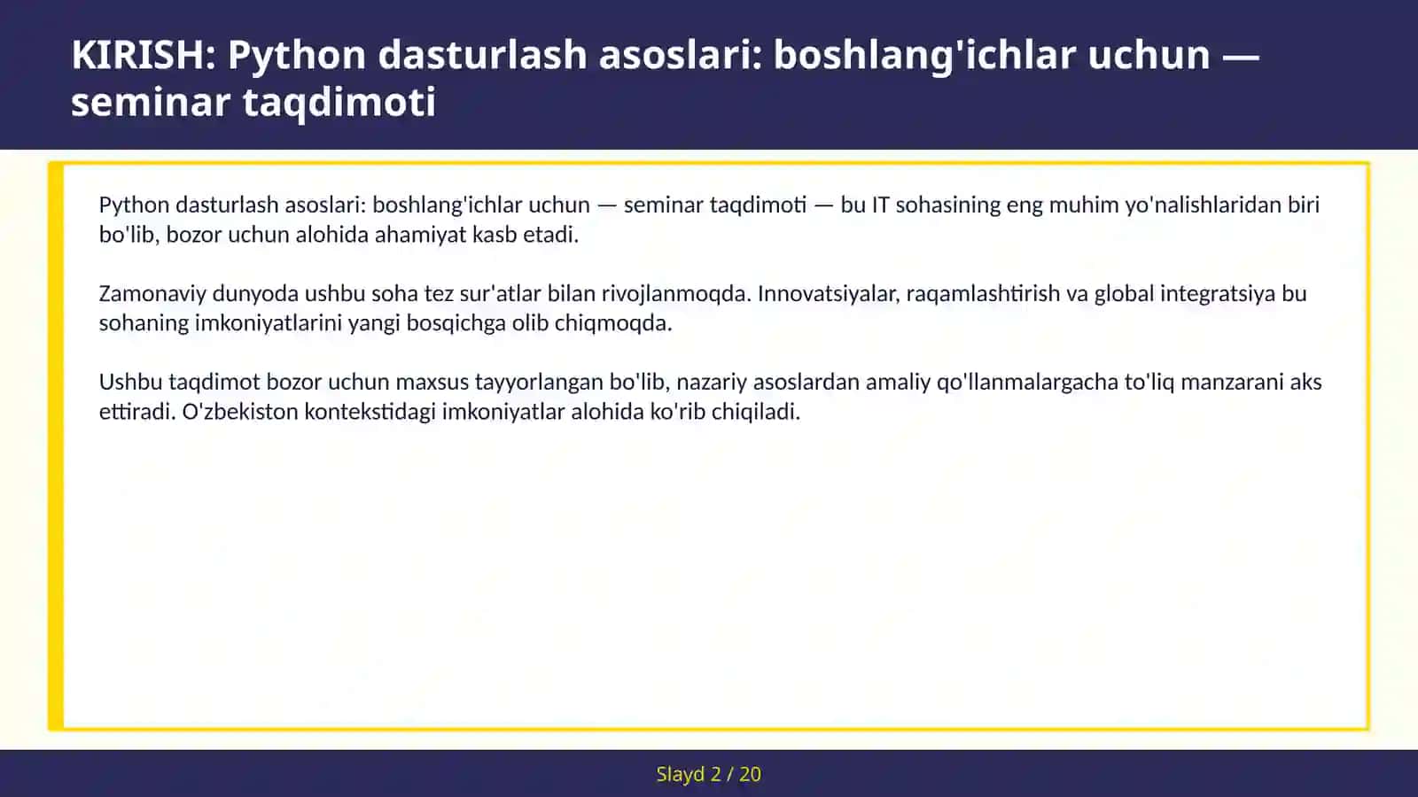 Python dasturlash asoslari: boshlang'ichlar uchun — seminar taqdimoti 2