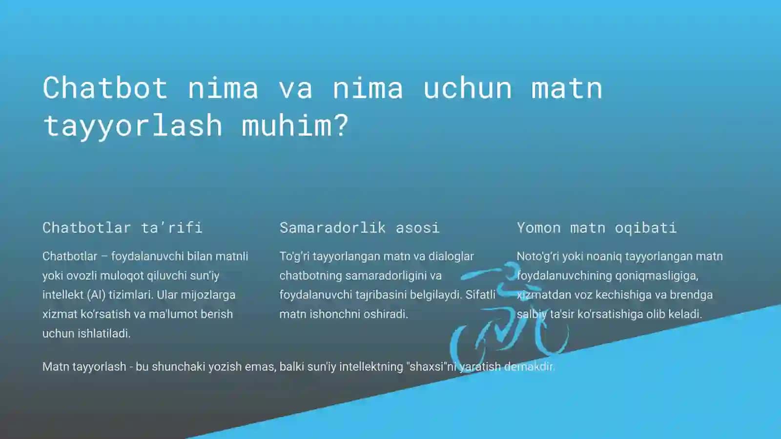 Chatbot uchun matnni tayyorlash: Foydalanuvchi so‘rovlariga javob berish uchun matn va dialoglarni tayyorlash 2
