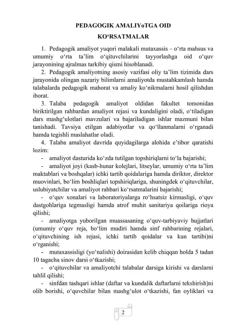 Pedagogik Amaliyot Ko'rsatmalar 2