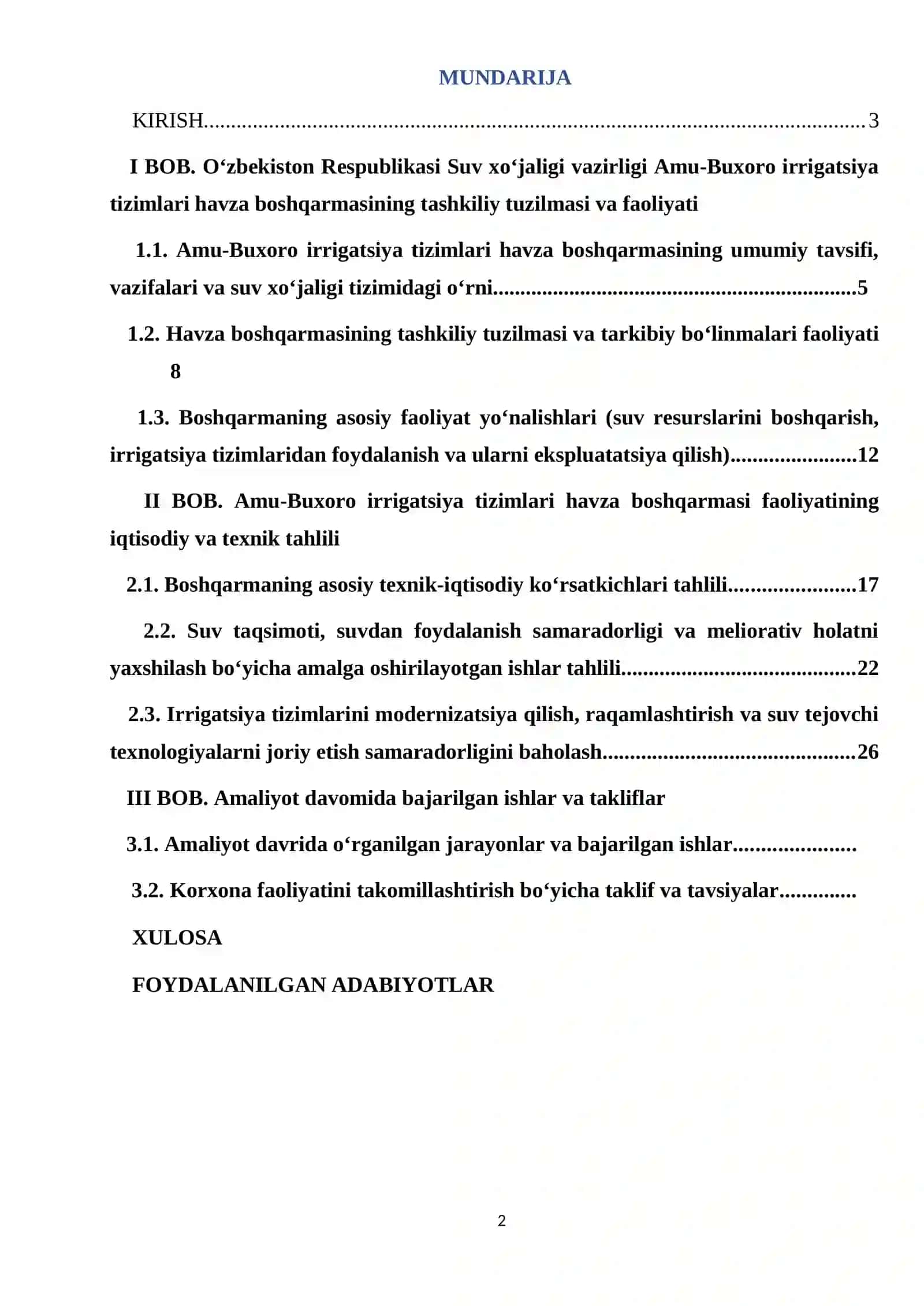 O'zbekiston Respublikasi suv xo'jaligi vazirligi amu-buxoro irrigatsiya tizimlari havza boshqarmasi 2