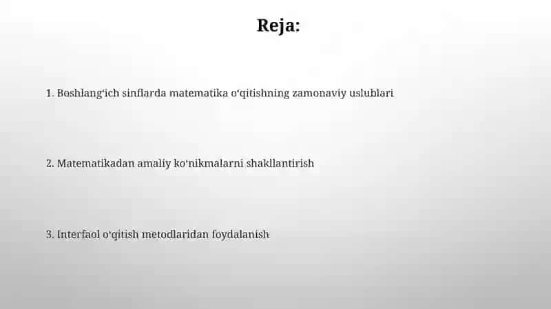 Boshlang'ich sinlarda matematika o'qitish metodikasi fani 2