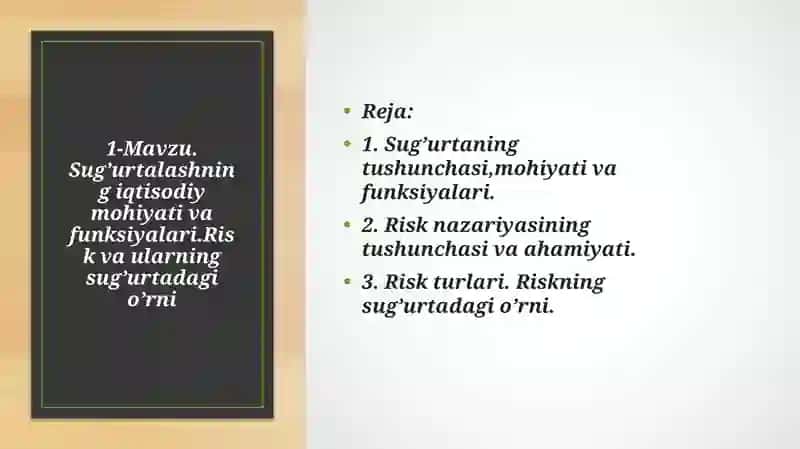Sug’urtalashning iqtisodiy mohiyati va funksiyalari.Risk va ularning sug’urtadagi o’rni 2