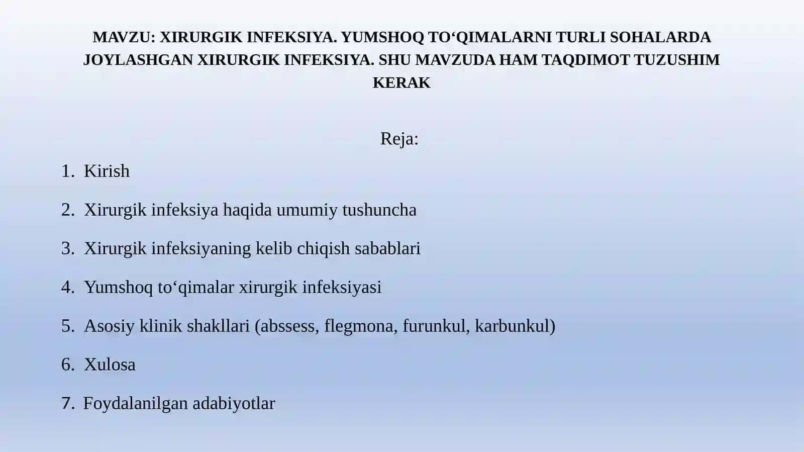XIRURGIK INFEKSIYA. YUMSHOQ TO‘QIMALARNI TURLI SOHALARDA JOYLASHGAN XIRURGIK INFEKSIYA 2