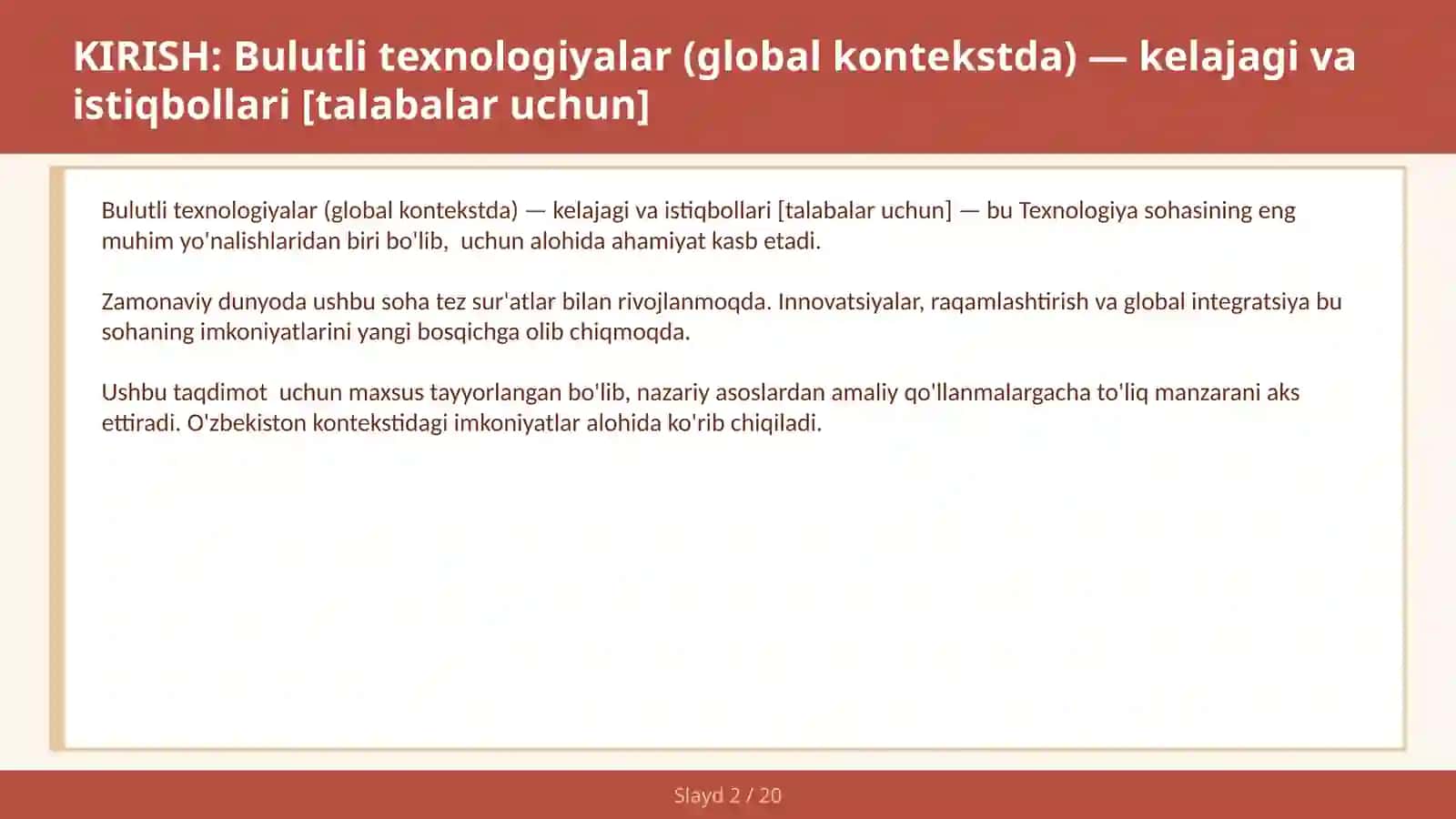 Bulutli texnologiyalar (global kontekstda) — kelajagi va istiqbollari [talabalar uchun] 2