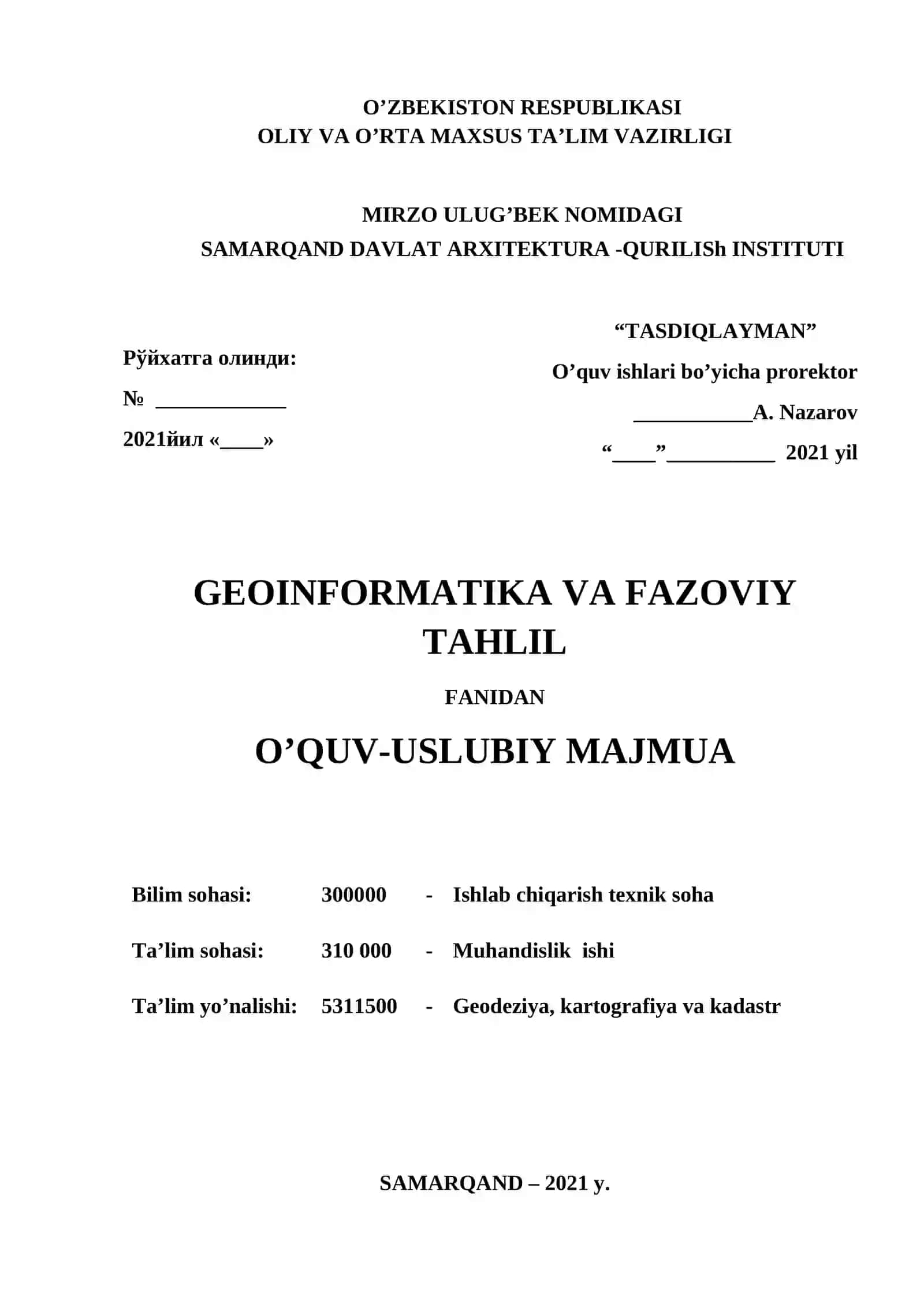 GEOINFORMATIKA VA FAZOVIY TAHLIL fanidan O’QUV-USLUBIY MAJMUA 2