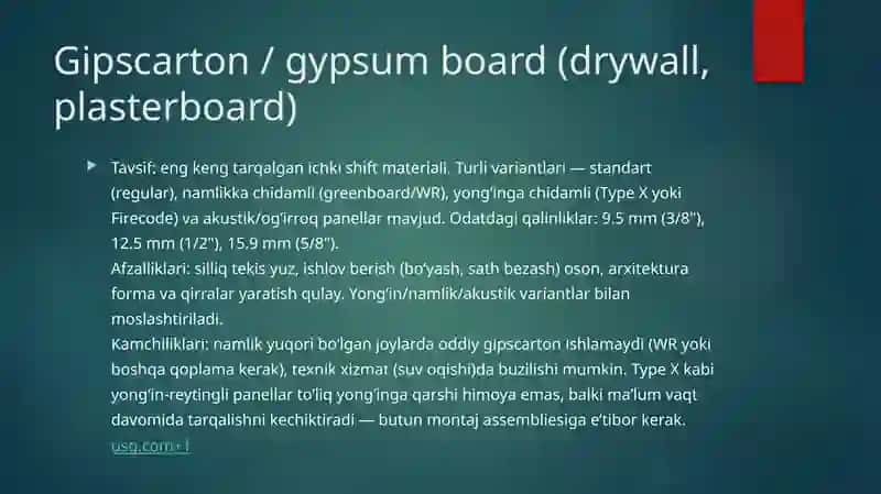 Bugungi kunda qo'llanilib kelinayotgan shiftlar uchun materiallar. 2