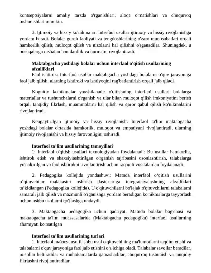Pedagogika Kollejida Maktabgacha Pedagogika Fanini O'Qitishda Interfaol Metodlaridan Foydalanish Yo'Llarini O'Rganish 2