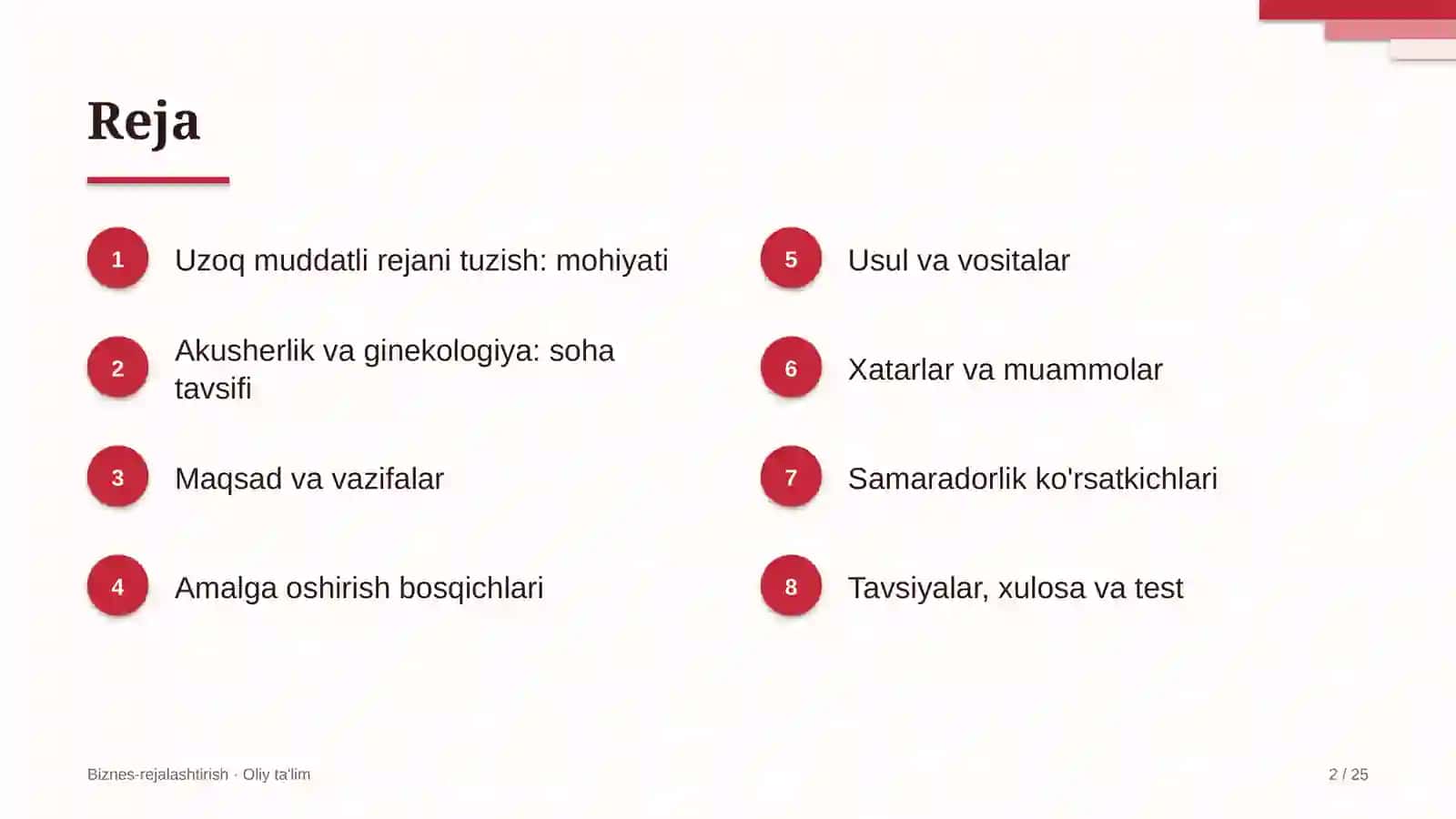 Akusherlik va ginekologiyada uzoq muddatli rejani tuzish 2