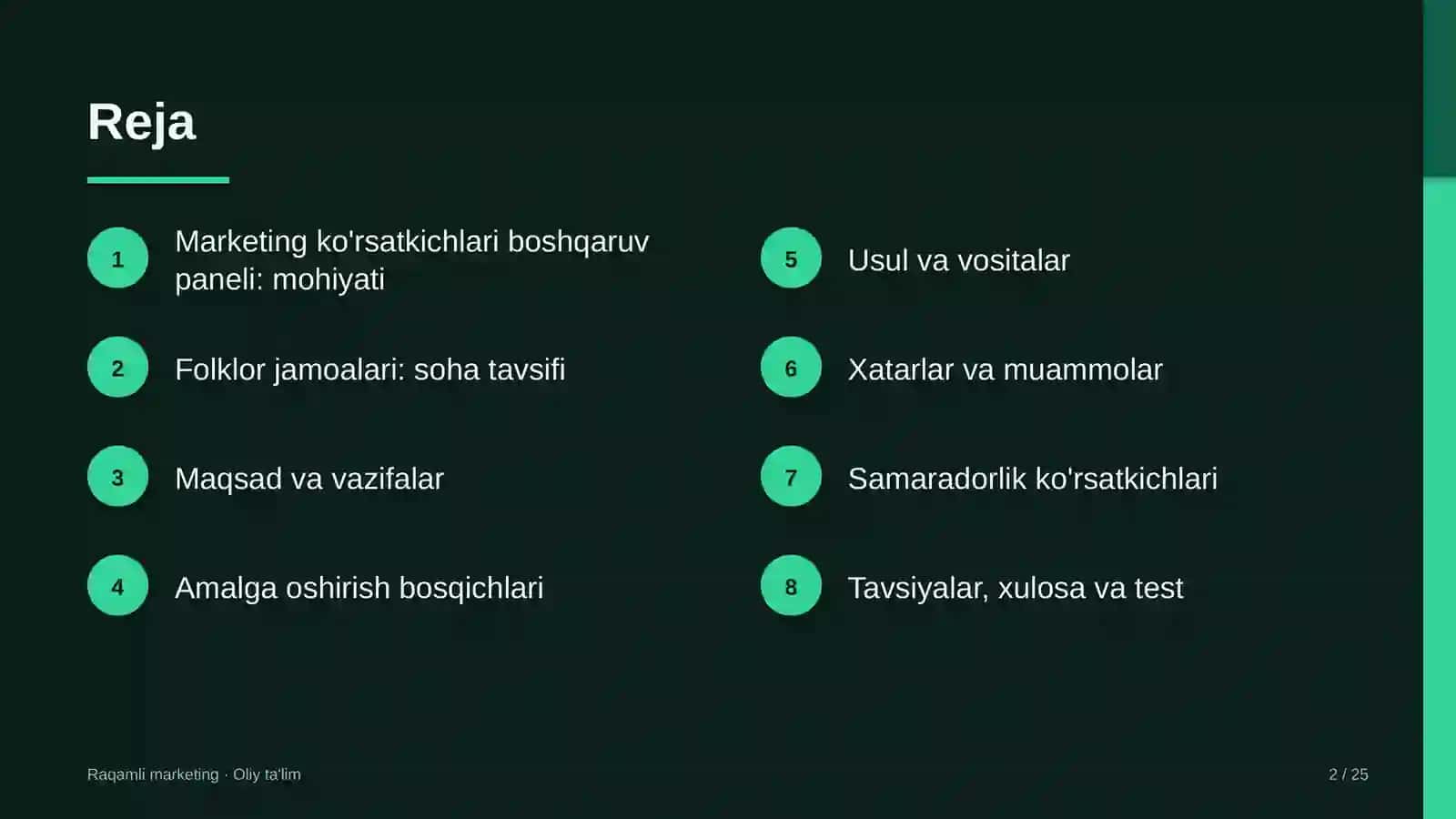 Folklor jamoalarida marketing ko'rsatkichlari boshqaruv panelini yaratish 2