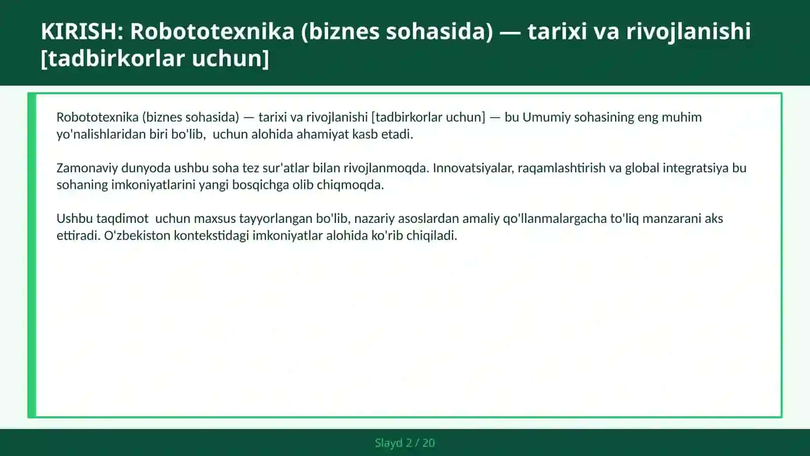 ROBOTOTEXNIKA (BIZNES SOHASIDA) — TARIXI VA RIVOJLANISHI [TADBIRKORLAR UCHUN] 2