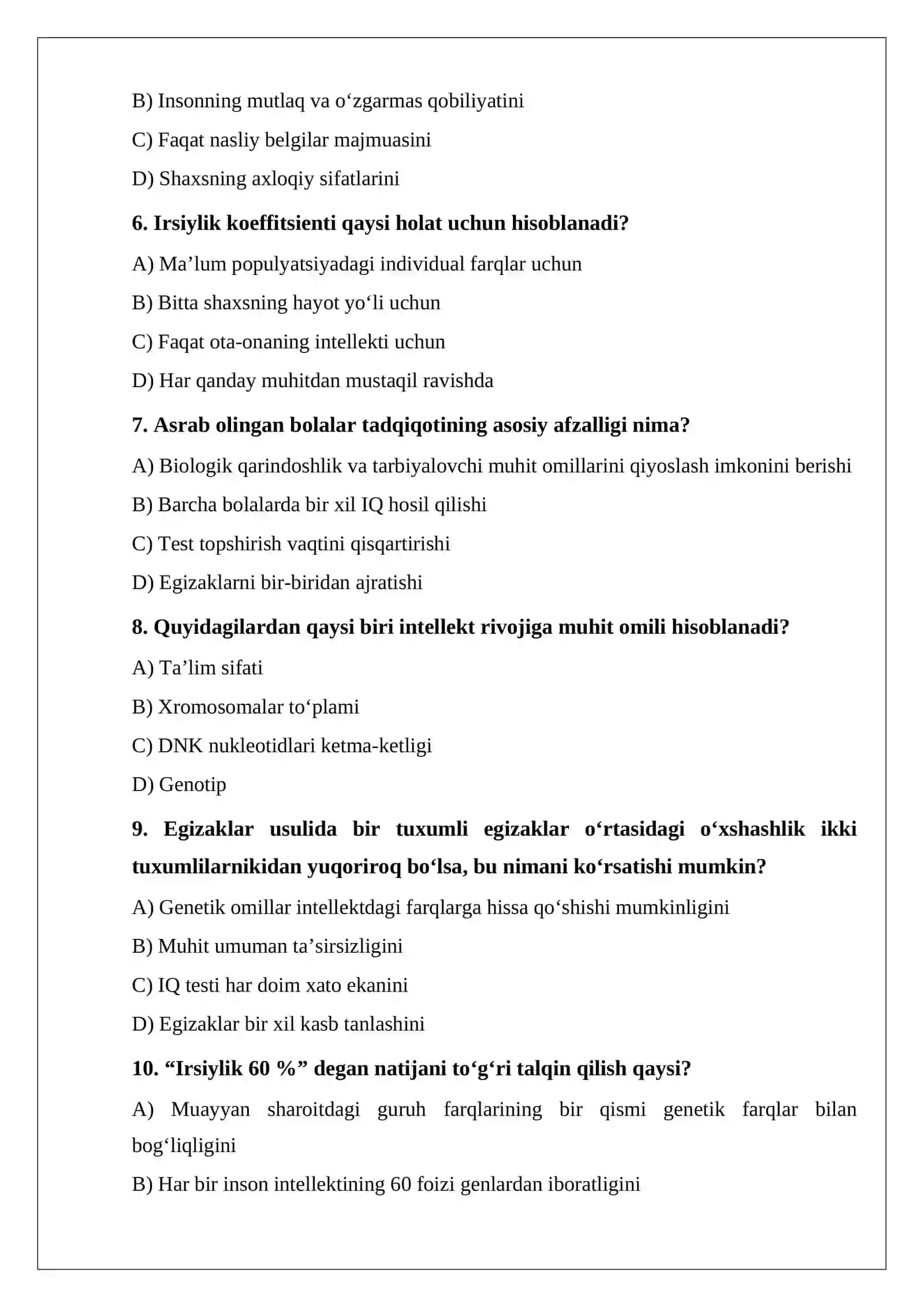 Intellektni psixogenetik tadqiq etish TEST 2