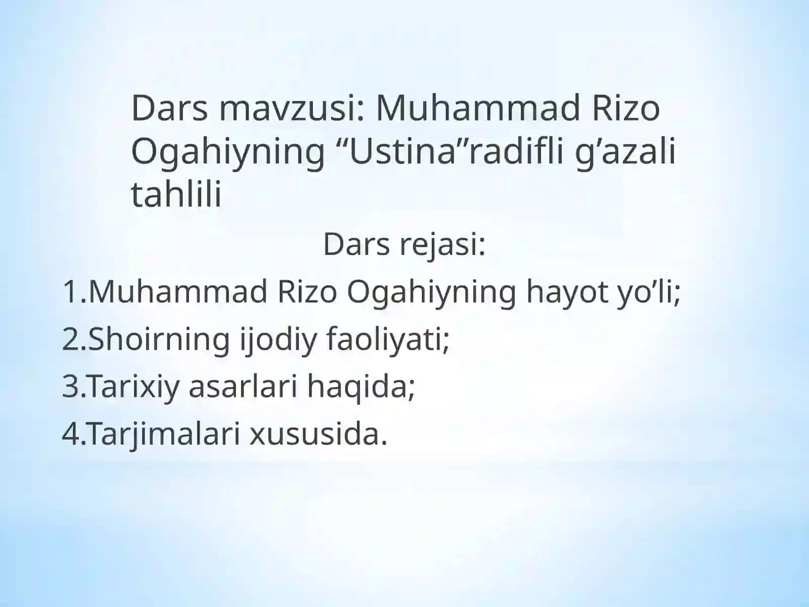 9-sinf Adabiyot Ogahiy - Ustina Radifli g'azal tahlili dars taqdimot 2