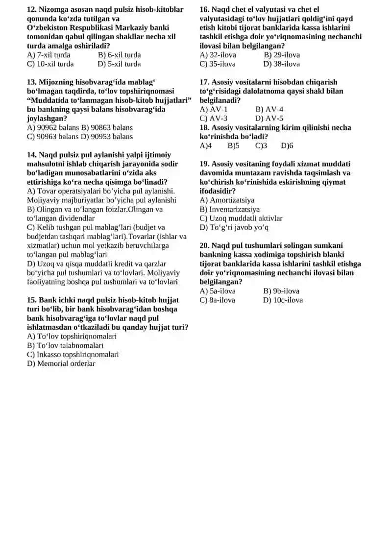 Banklarda kassa ishlari fanidan oraliq nazorat 2 2