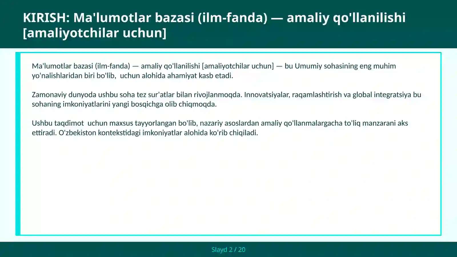 Ma'lumotlar bazasi (ilm-fanda) — amaliy qo'llanilishi [amaliyotchilar uchun] 2