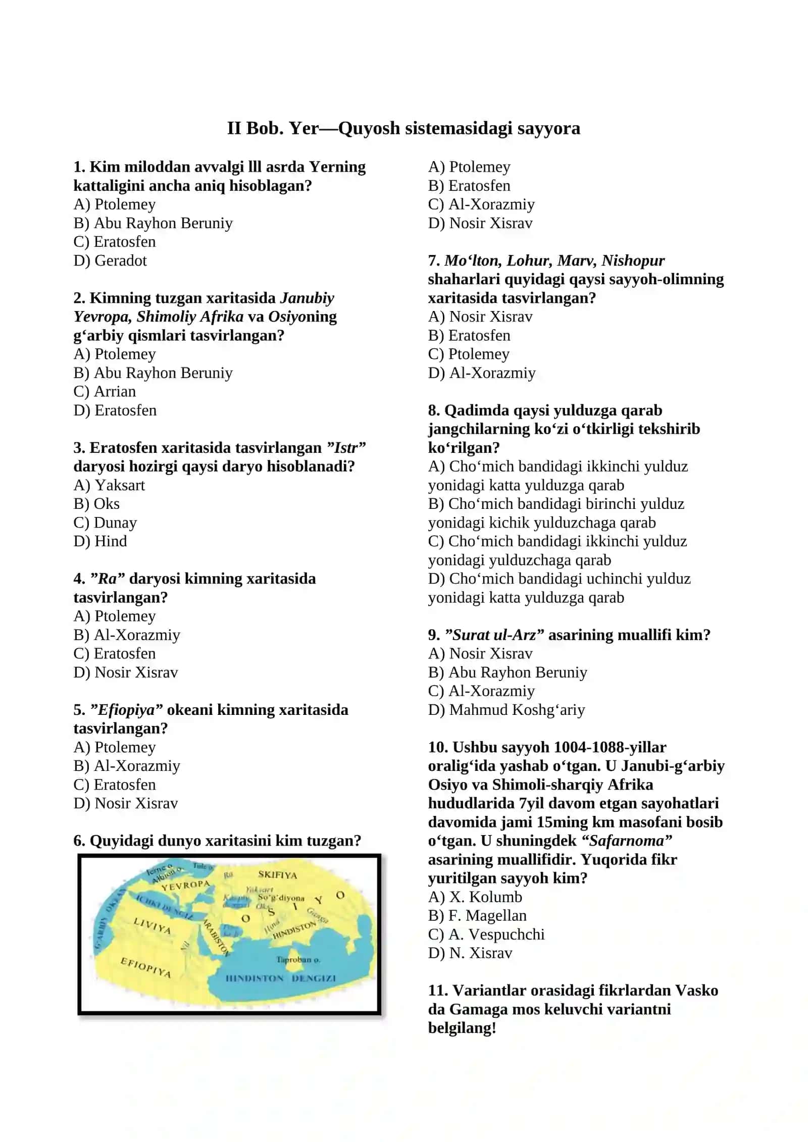 Geografiya 5-sinf mavzulashtirilgan test 2