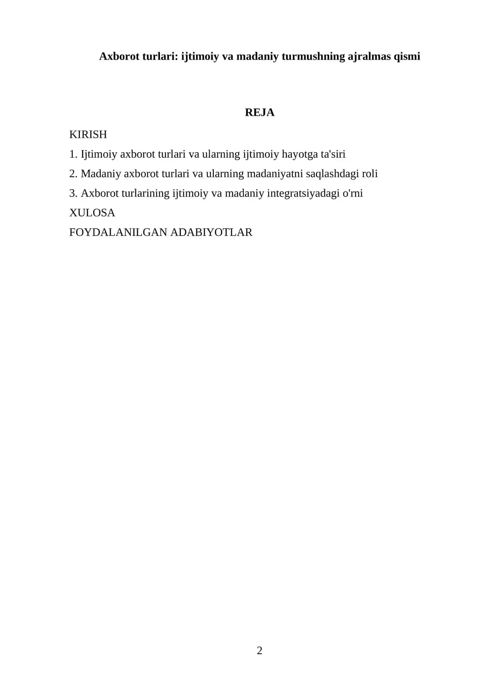 Media Savodxonlik fanidan tayyorlagan mustaqil ishi 2