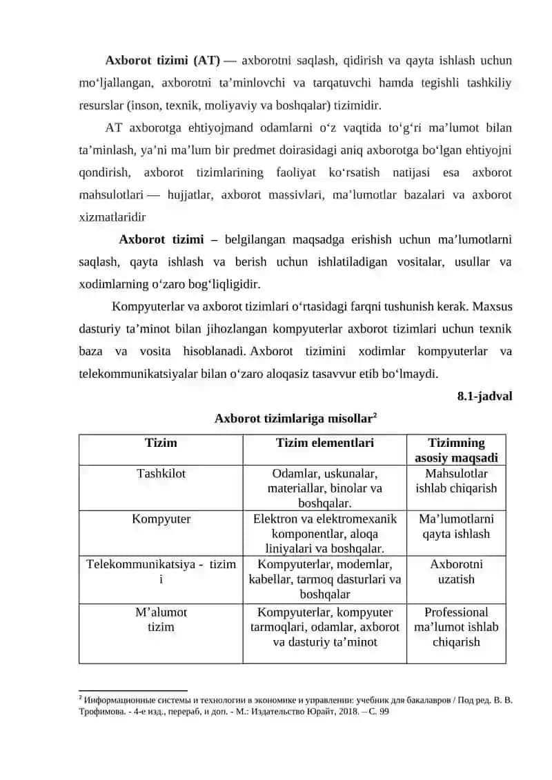 Axborot tizimlarining tushunchasi va ulardan iqtisodiyotning sohalarida foydalanish imkoniyatlari 2
