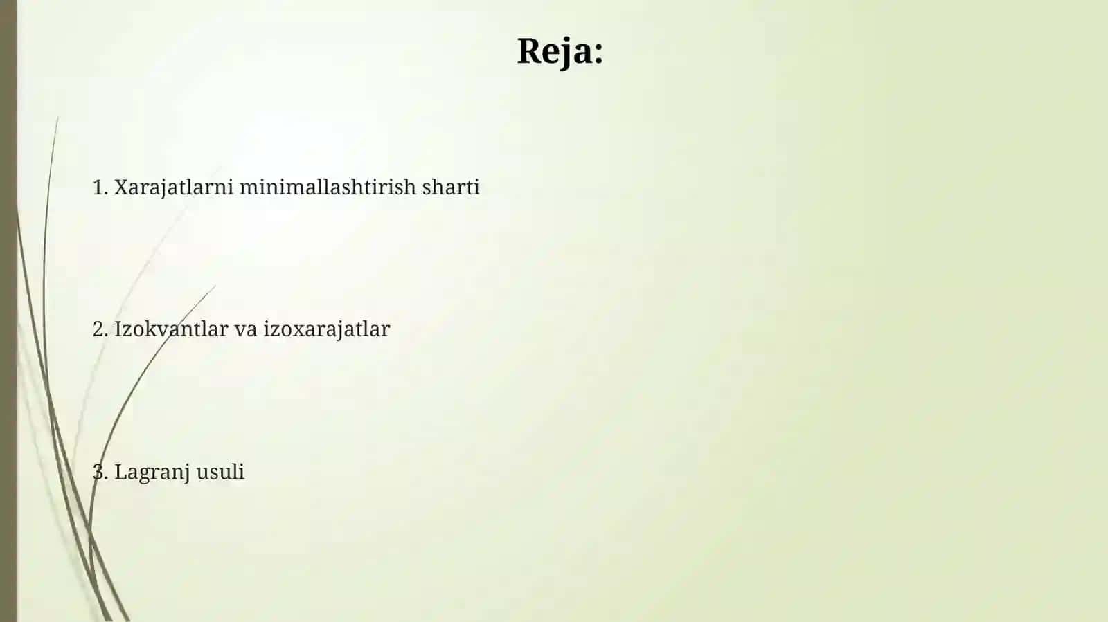 Ishlab chiqarish xarajatlarini minimallashtiruvchi omillarni nisbatini tanlash 2