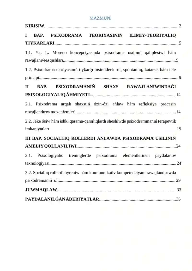 Psixodramma Ya.Moreno jeke ósiw hám sociallıq róllerdi ańlaw usılı sıpatında 2