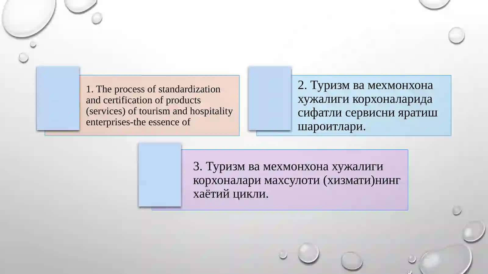 Туризм ва мехмонхона ҳужалиги корхоналари маҳсулоти (хизмати)ни стандартилаштириш ва сертификатлаштириш жараёнининг маънавий дунёда иктисодиётнинг ҳар қандай тармоги учун маҳсулот сифатининг таъминланиши муаммоси долзарб хисобланади 2
