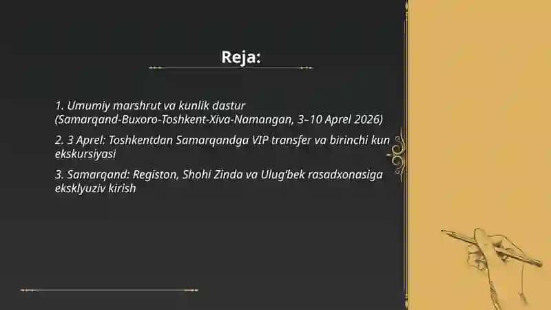 Samarqand-Buxoro-Toshkent-Xiva-Namangan ultra premium tour 2026 2