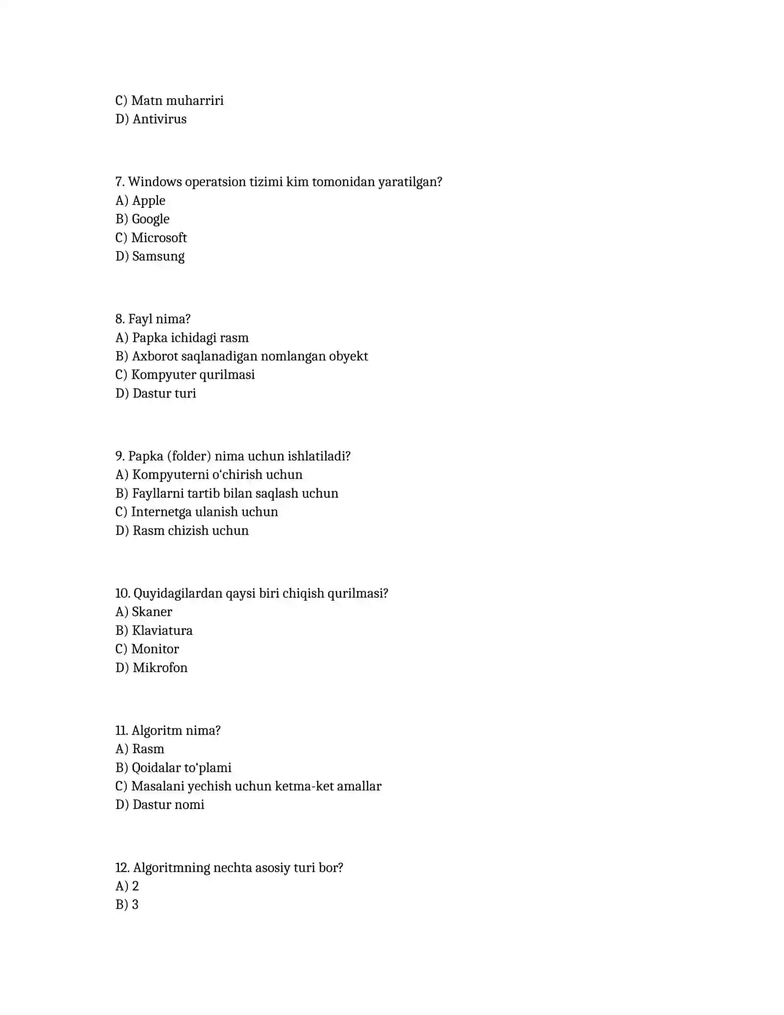 Informatika fanidan test (7–8-sinf) 2