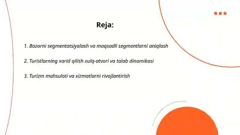 Turizmda marketing va savdo moduli: asosiy komponentlarni tahlil qilish 2