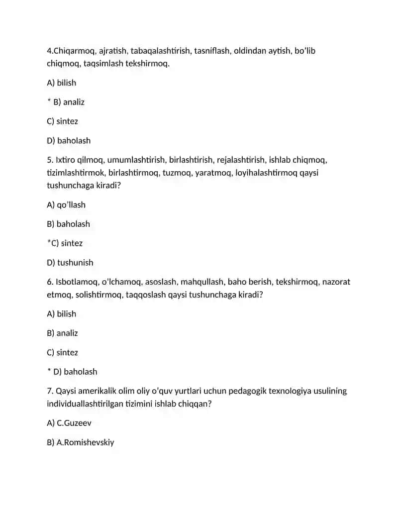 Pedagogik fikrlar va maktablar tarixida oʻqituvchi mahorati masalalari Testlar 2