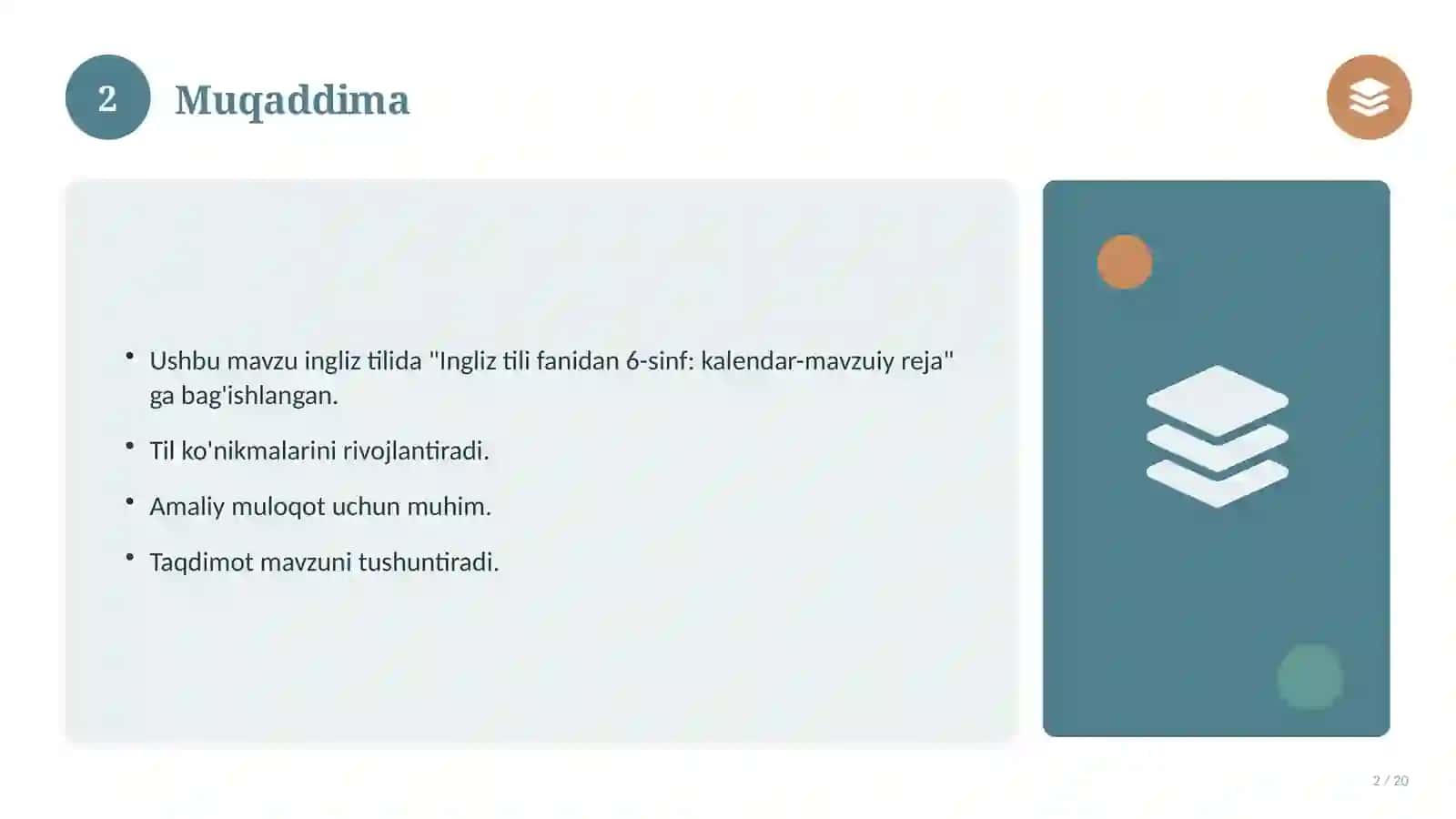Ingliz tili fanidan 6-sinf: kalendar-mavzuiy reja 2