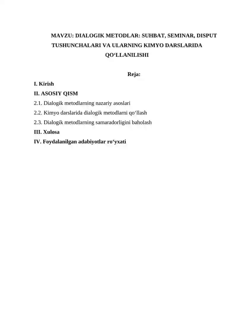 Dialogik metodlar suhbat, seminar, disput tushunchalari va ularning kimyo darslarida qo‘llanilishi 2