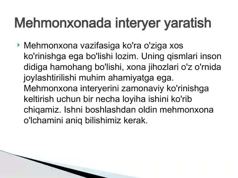 Texnologiya fanidan mehmonxona dizayni mavzusida loyiha ishi 2
