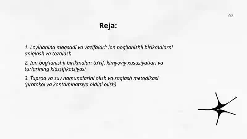 Tuproq va suvning ifloslanishida ion bog'lanishli birikmalarni aniqlab, ulardan tozalash usulini ishlab chiqish 2