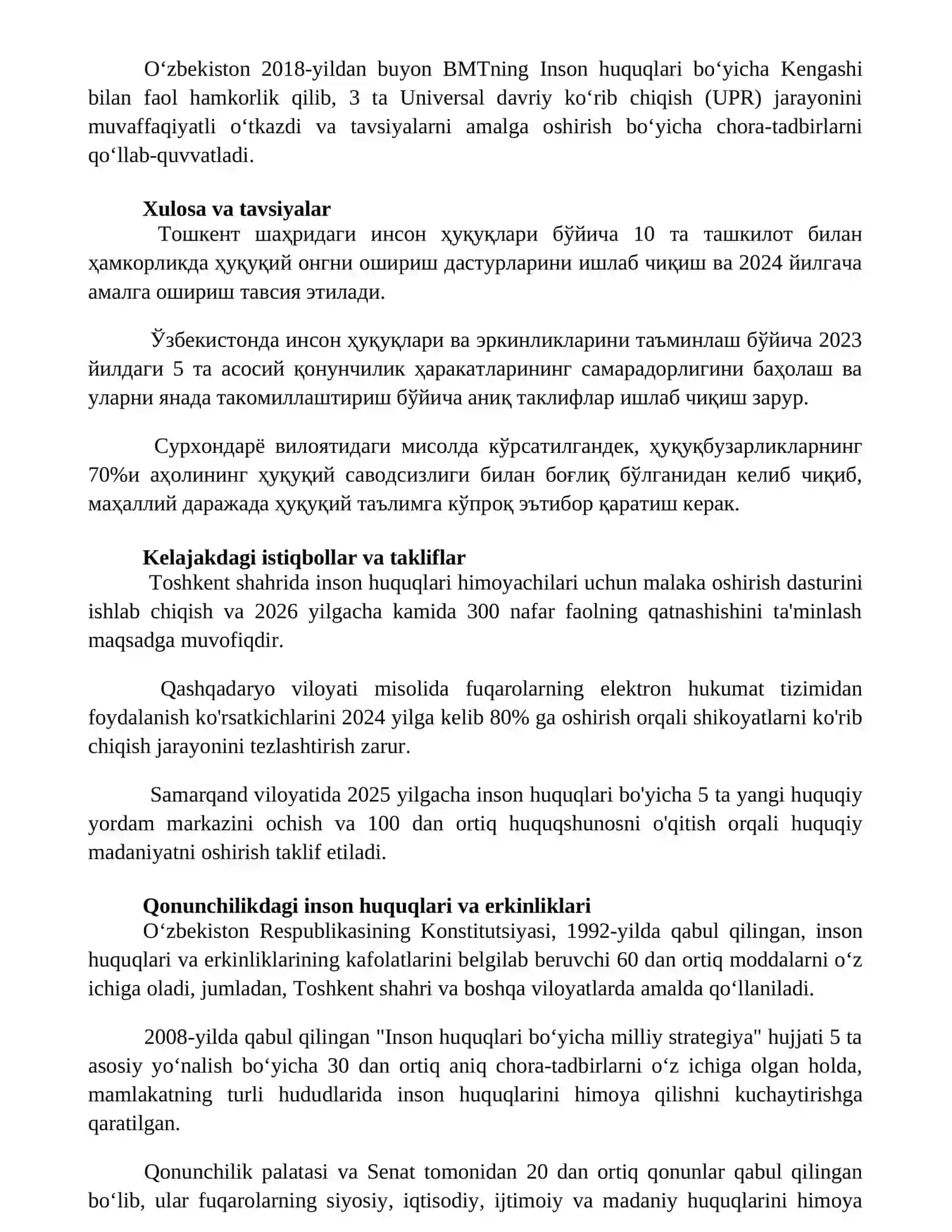 Òzbekistonda inson huquqlari va erkinliklari kafolatining yaratilishi 2